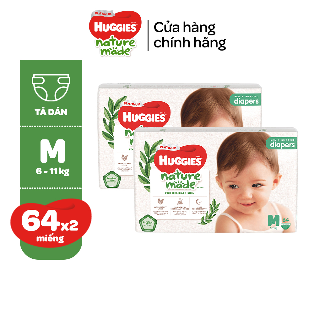 Combo 2 Tã/Bỉm dán Huggies Platinum NatureMade M64/L54/XL44