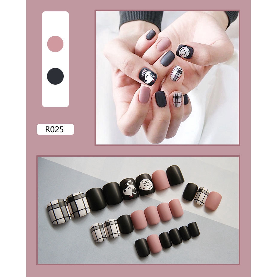 Móng Tay Giả Kèm Keo Lcr025 Hồng Đen - Nails 24 Móng Giả Rẻ Tự Dán Móng Tại Nhà Tặng Dũa [Hà Nội]