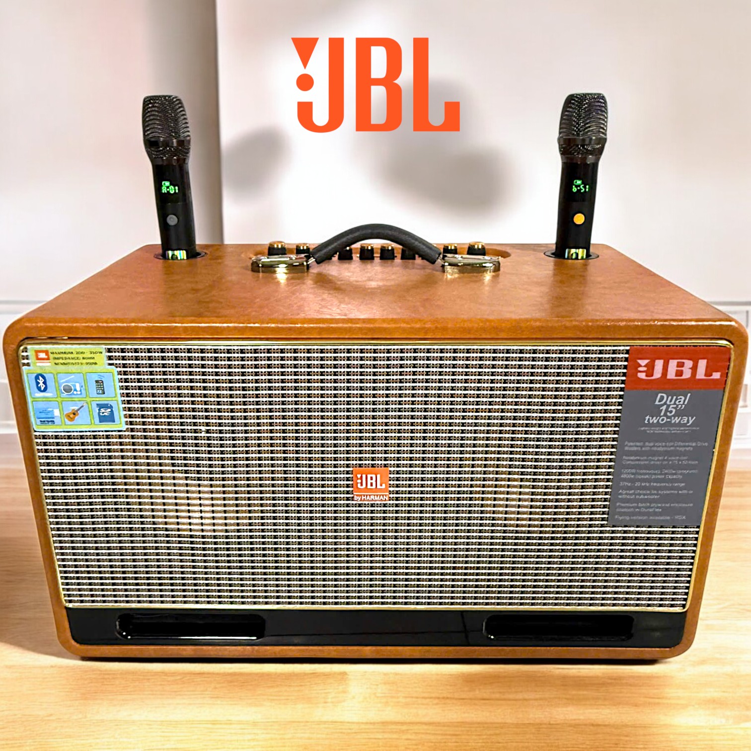 LOA KARAOKE XÁCH TAY JBL BASS 20CM THÙNG GỖ BỌC DA KẾT NỐI BLUETOOTH TẶNG KÈM 2 MICRO CAO CẤP
