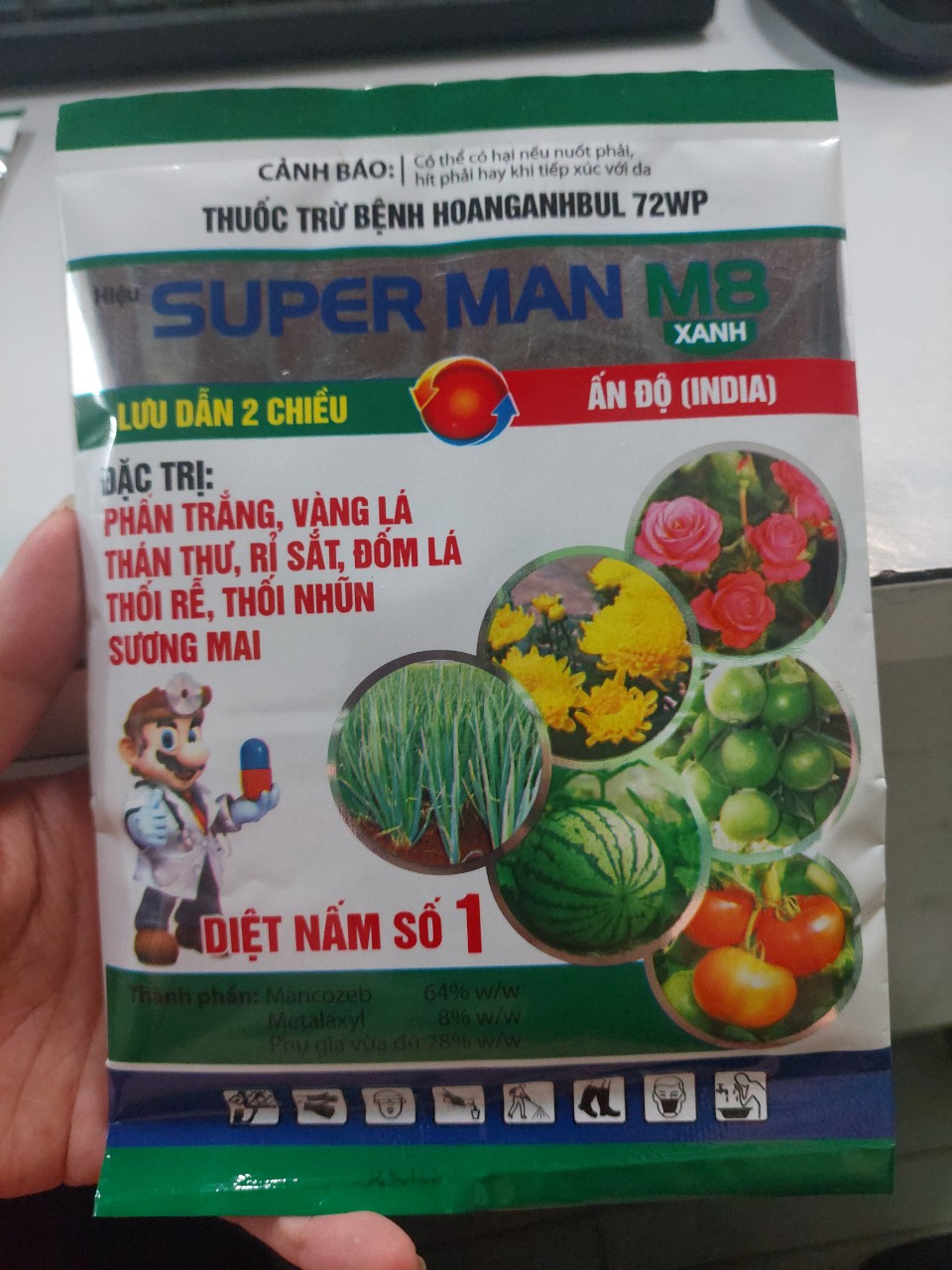 Thuốc trừ bệnh Super Man M8 xanh Ấn Độ siêu trừ phấn trắng vàng lá thán thư rỉ sắt thối nhũn nghẹt r