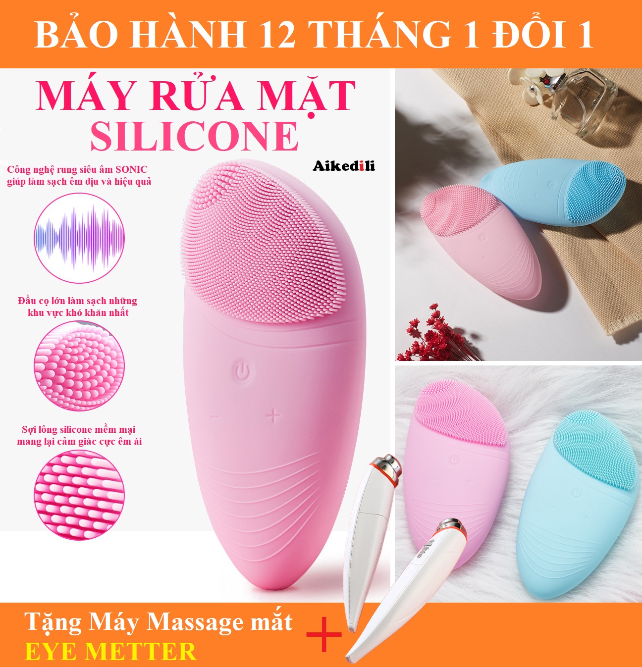 Máy Rửa Mặt Chính Hãng Aikedili Sonic Summer Look + Quà Tặng (Máy Massa Mắt Eye Metter)