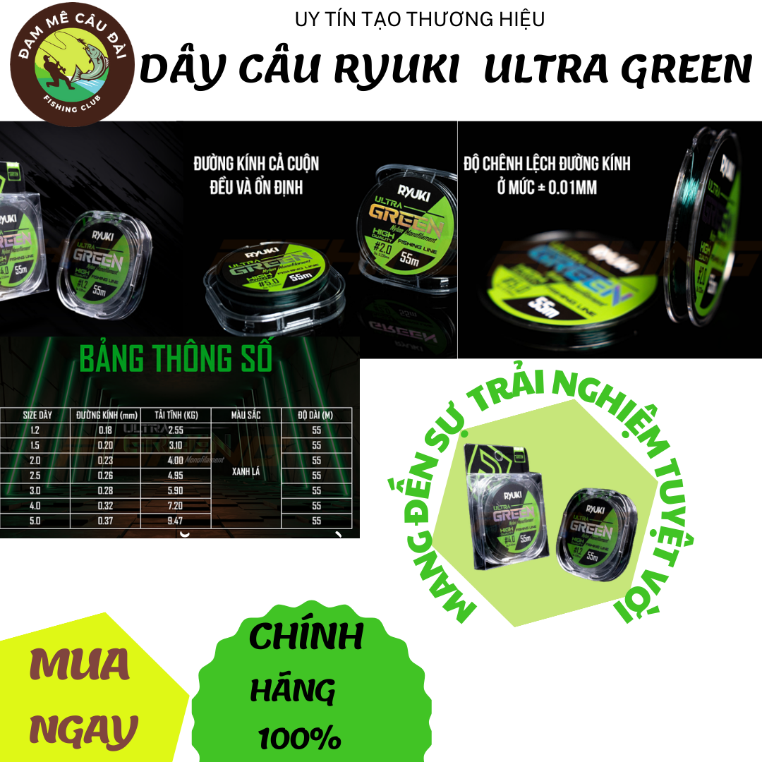 Dây Câu RYUKI Ultra Green 55m cước trục câu cá cước câu cá chính hãng[ĐAM MÊ CÂU ĐÀI]