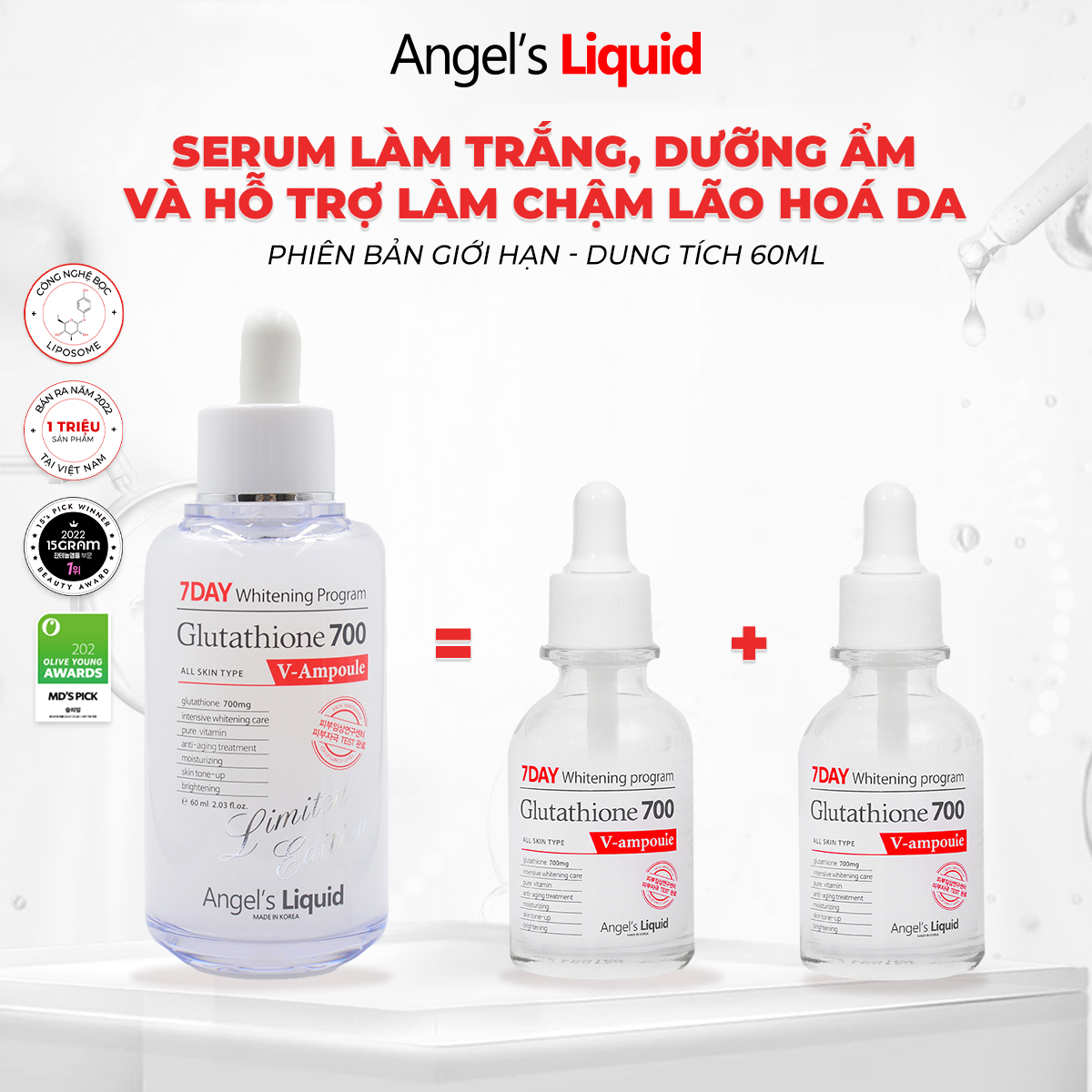[PHIÊN BẢN 60ML] Serum Làm Trắng Dưỡng Ẩm Và Làm Chậm Lão Hoá Da Glutathione 700mg + HA Angels Liqui
