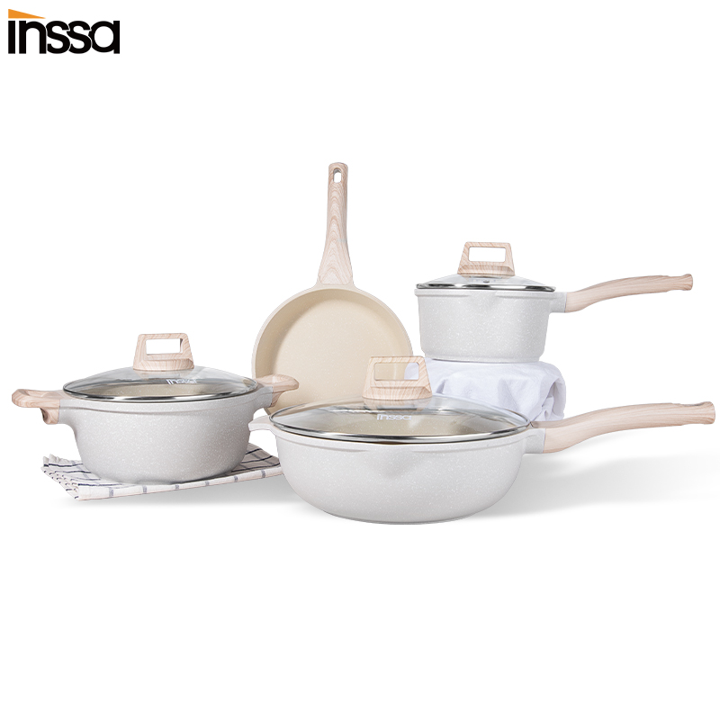 [New Arrival]INSSA Bộ nồi chảo đá chống dính màu cream cao cấp chính hãng Inssa X Simplus dùng cho b