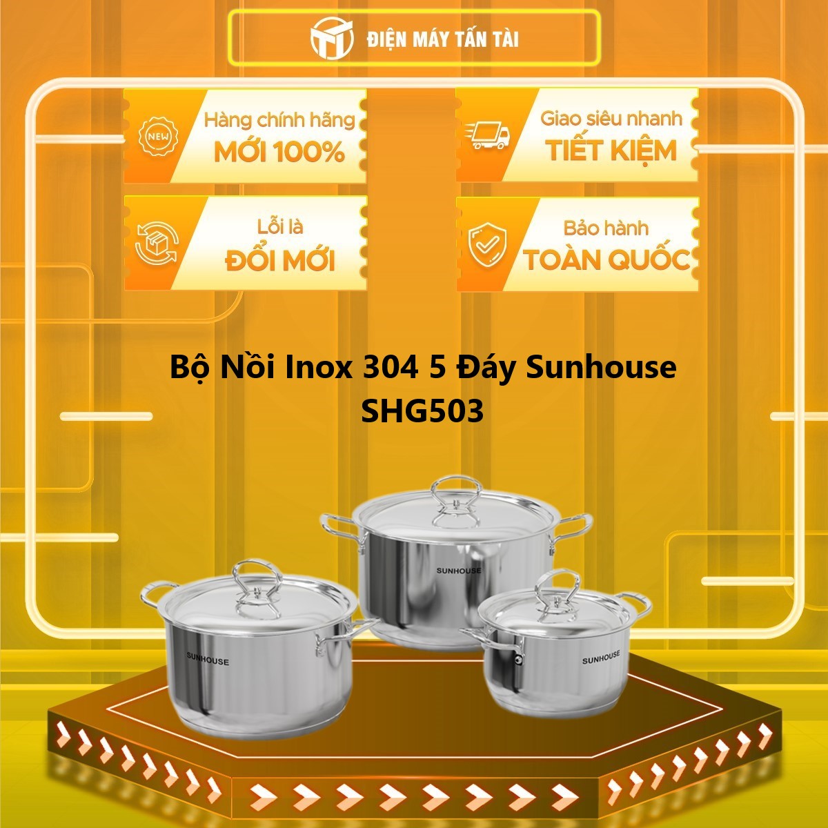 Bộ Nồi Inox 304 5 Đáy Sunhouse SHG503 - GIAO TOÀN QUỐC - FREESHIP HCM