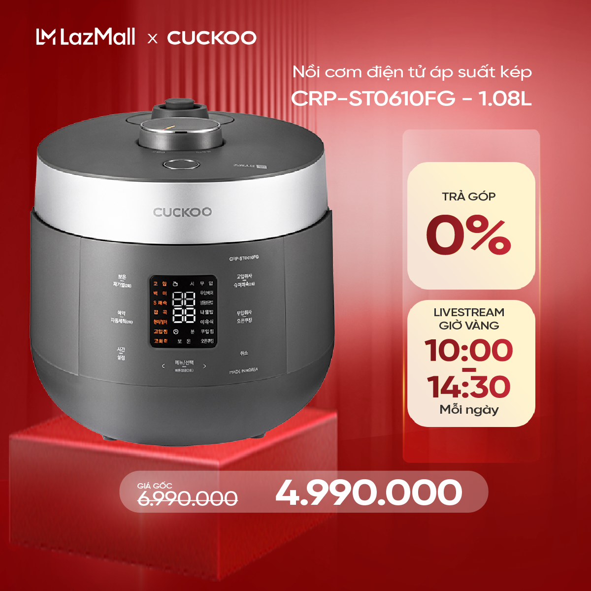 Nồi cơm điện tử áp suất kép Cuckoo 1.08L CRP-ST0610FG - Lòng nồi phủ men Xwall độc quyền - Bảng điều