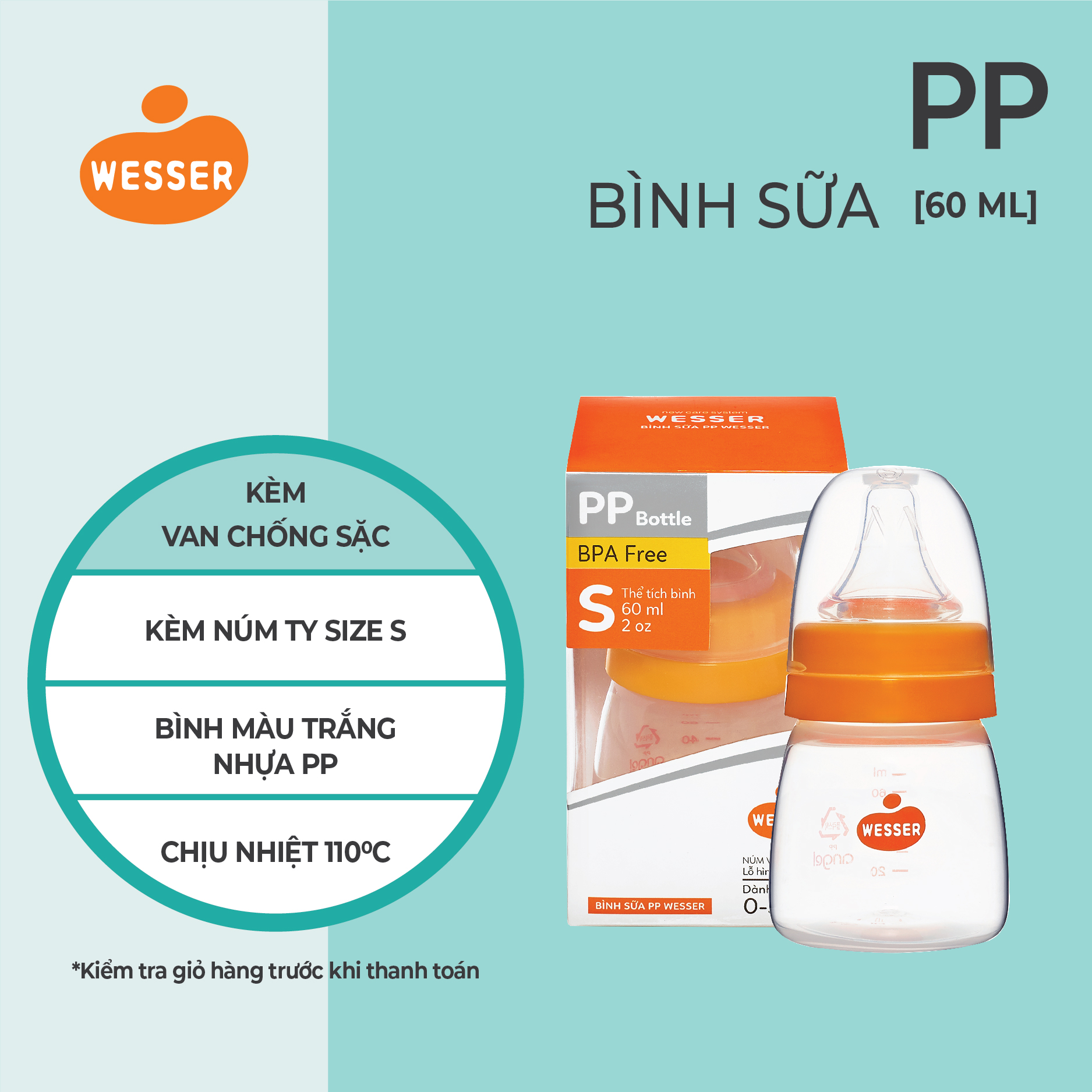 Bình sữa cổ hẹp PP Wesser 60ml/140ml/250ml