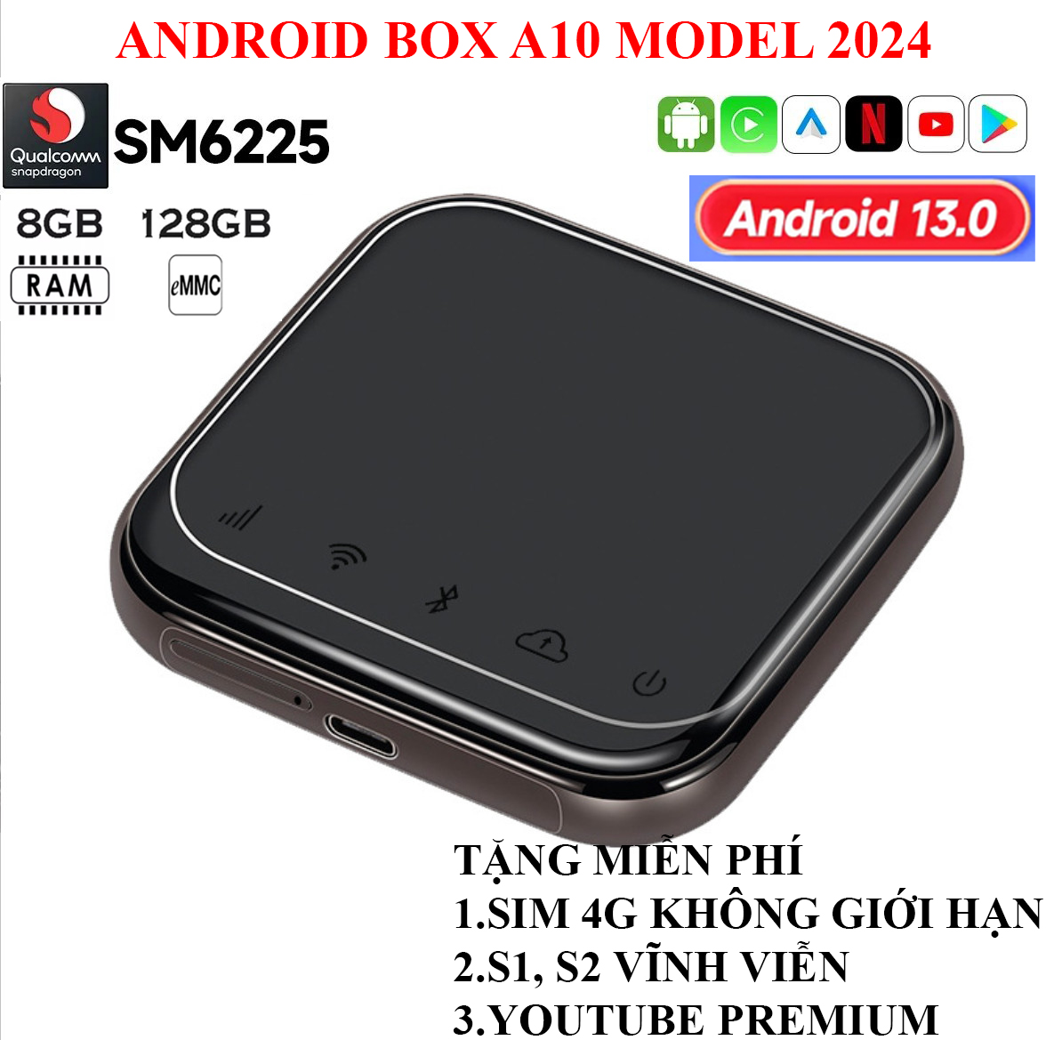 Carplay Android Box ô tô HJ A10 PLUS 8G+128G Qualcomm 6225 Android 13 tặng Vietmap S2