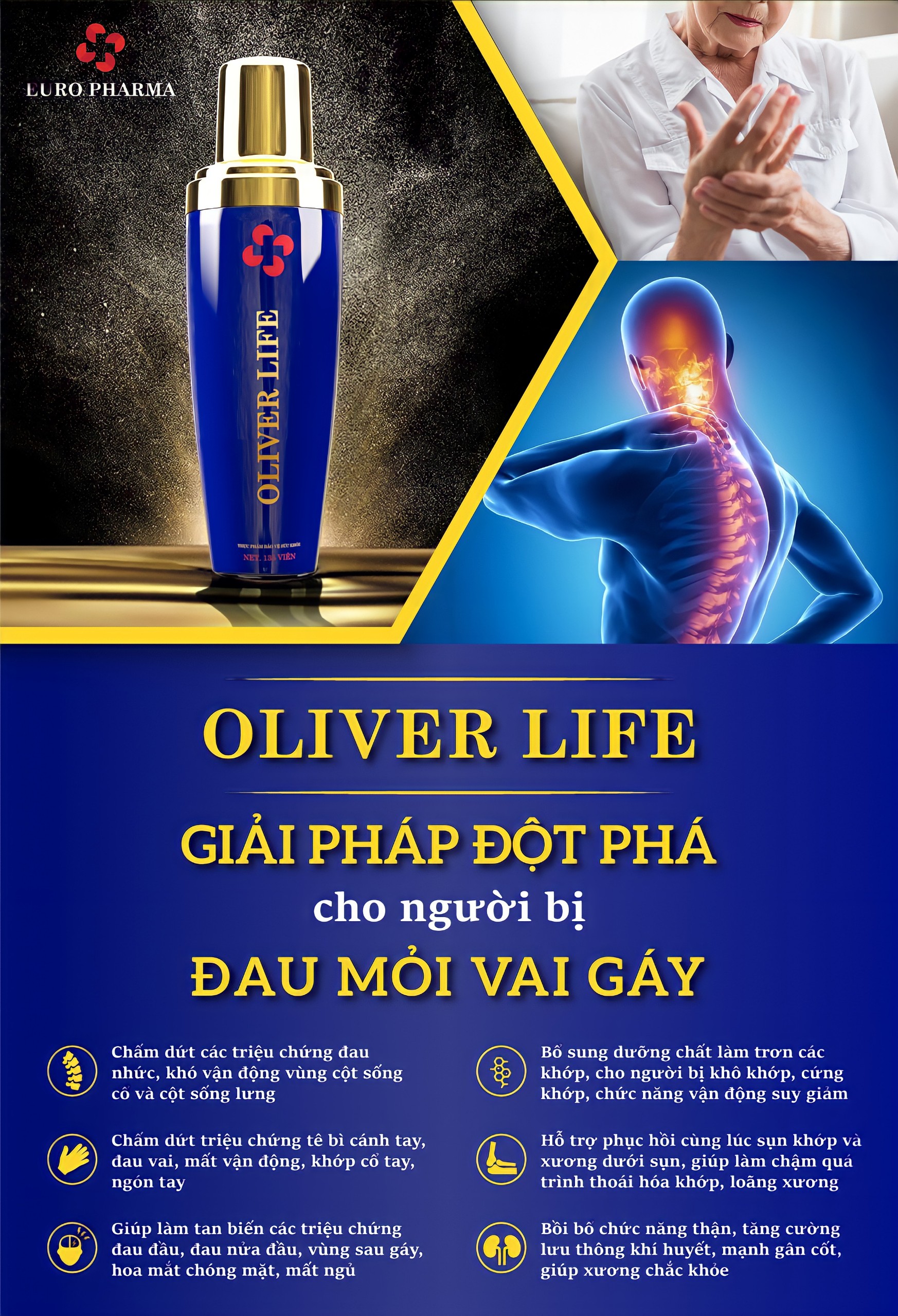 Viên Bổ Xương Khớp Oliver Life (270 Viên) Giảm Đau Mỏi Vai Gáy Tê Bì Chân Tay Thoái Hóa Đốt Sống Cổ.... Chiết Xuất Hoàn Toàn Từ Thiên Nhiên