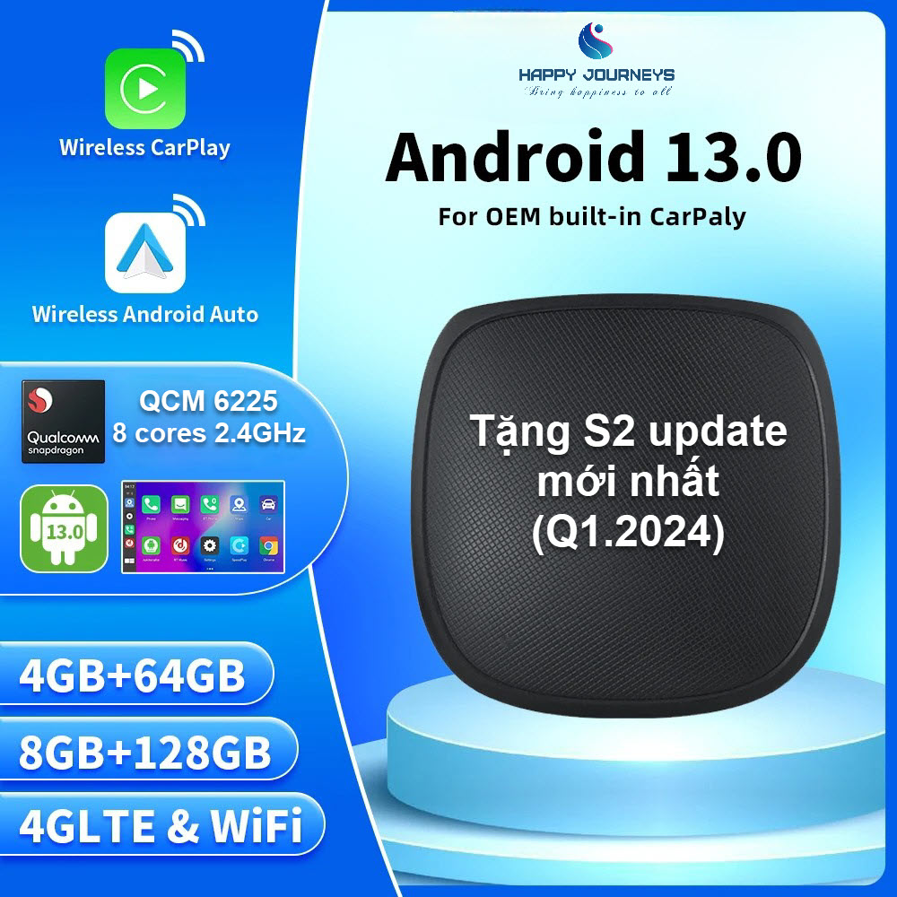 Android box cho ô tô AI BOX chip Qualcomm 6225 8 nhân bộ nhớ 4Gb+64Gb/8Gb+128Gb tặng S2 BH 12 tháng
