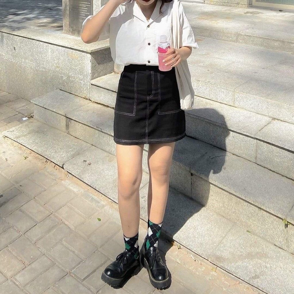 [FREESHIP + HOÀN TIỀN 50K] Bộ Chân Váy Bò Áo Sơ Mi Trắng 🦋 Set Váy Chữ A Áo Nữ Nữ Cộc Tay 🦋