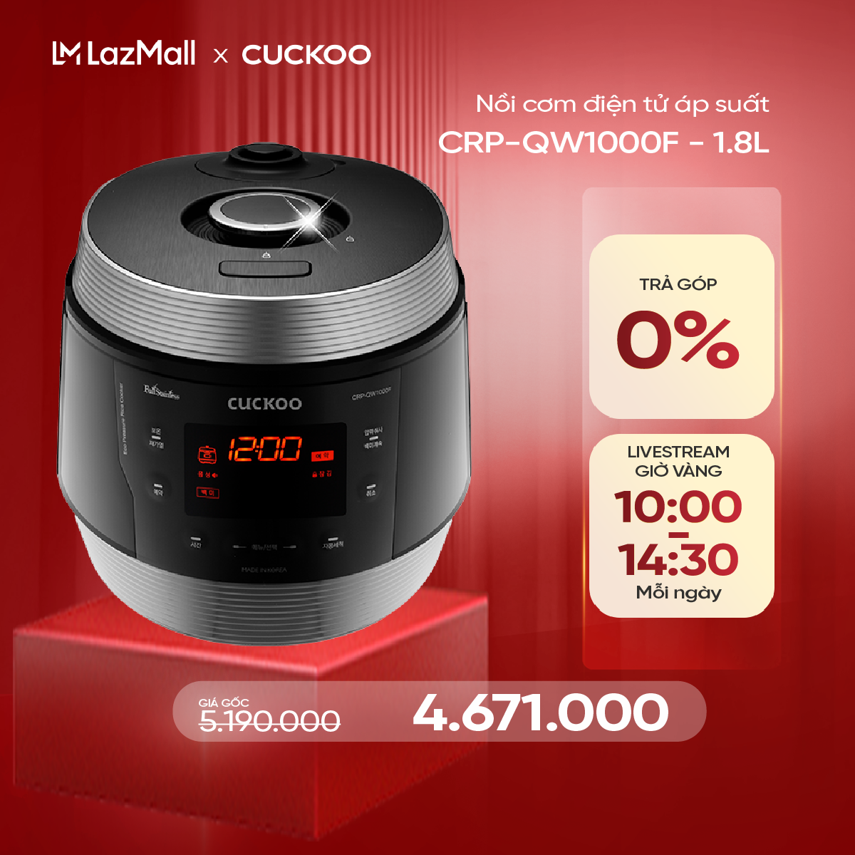Nồi cơm điện tử áp suất Cuckoo 1.8L  (tiếng Anh) - Lòng nồi phủ men Xwall độc quyền - Bảng điều khiể