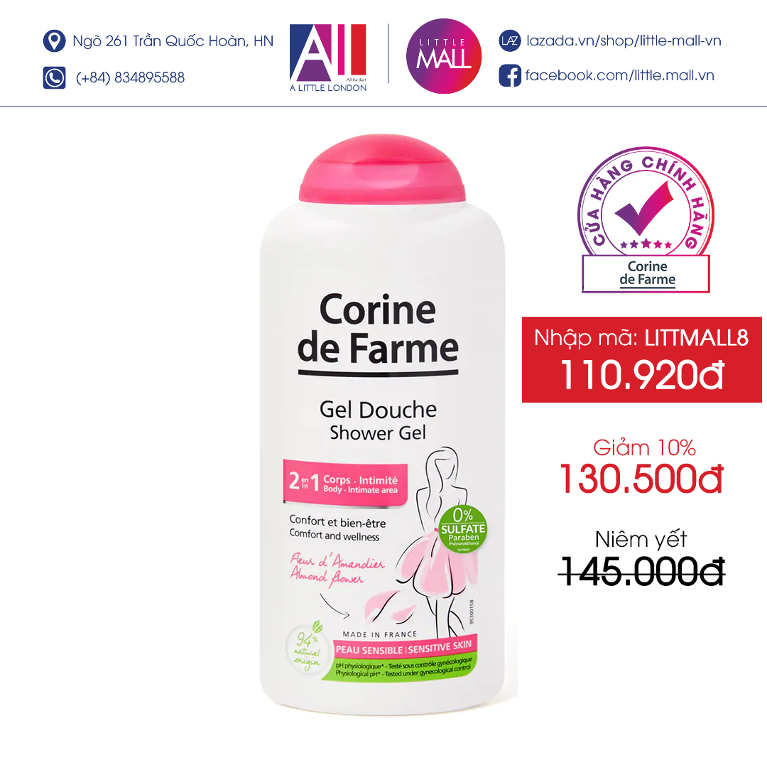 Sữa Tắm Cho Cơ Thể Và Vùng Kín Corine De Farme Shower Gel 2 In 1 250Ml (Nhập Khẩu)