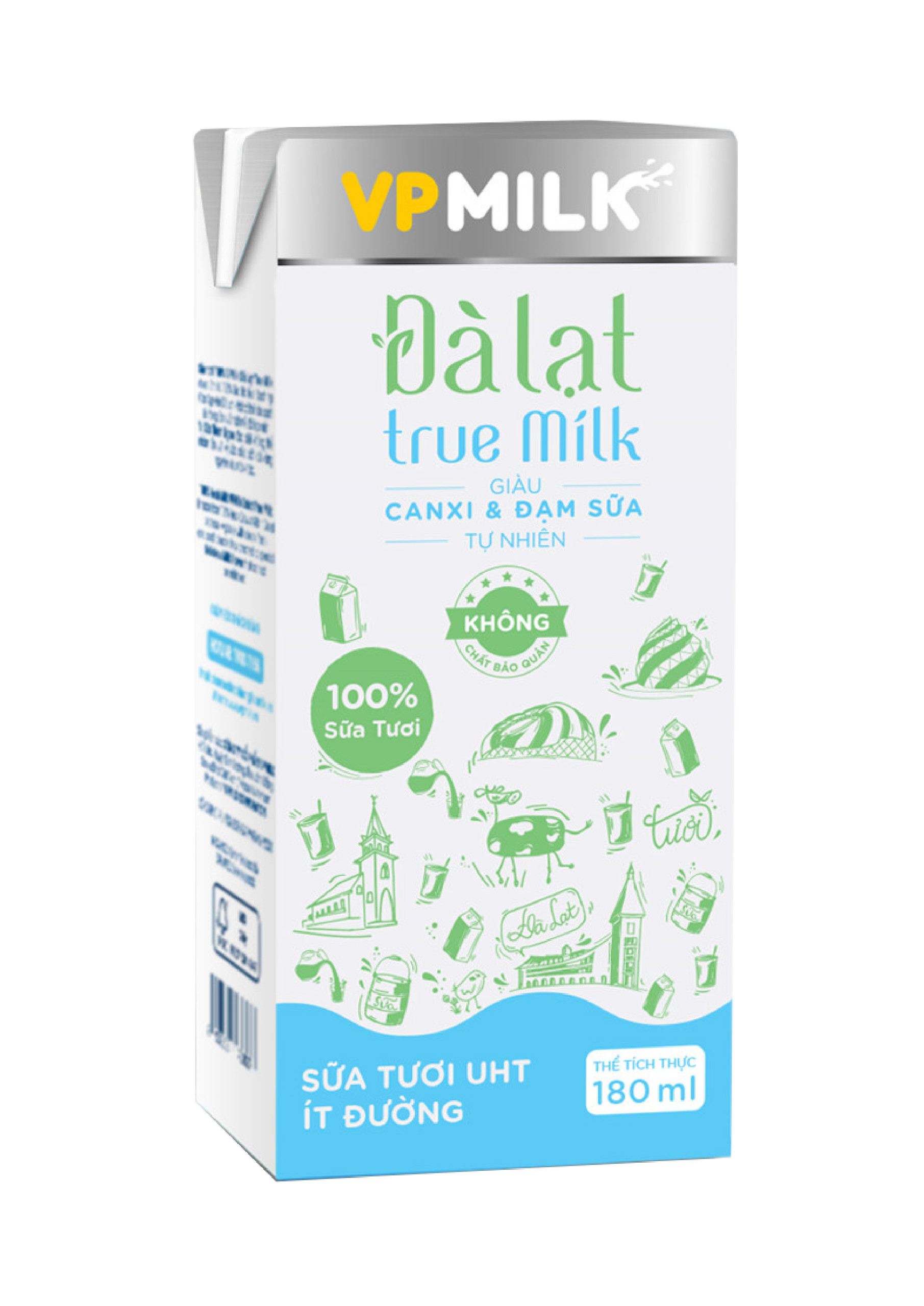 [6 lốc 180ml] Sữa Tươi Nguyên Chất UHT Đà Lạt True Milk Ít Đường VPMilk