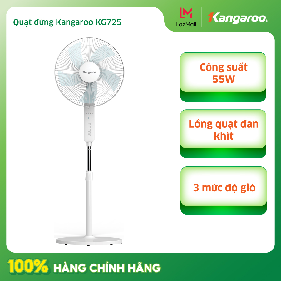 Quạt đứng Kangaroo KG725 - 15.75 inch, 3 tốc độ, điều khiển từ xa, dao động ngang và dọc
