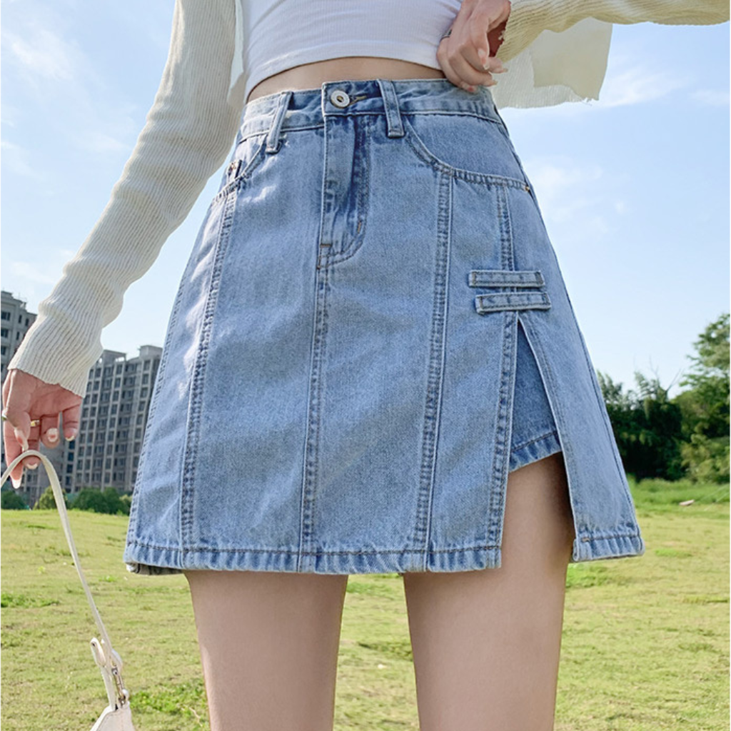 Chân váy jean ngắn xẻ tà CHERRY eo cao phong cách Hàn Quốc chân váy bò chữ A ngắn cạp cao có quần trong T083