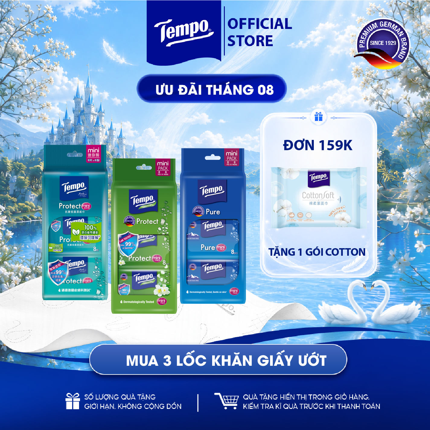 [COMBO 3 LỐC] Khăn Ướt Mini Tempo Protect Ngăn Ngừa Vi Khuẩn cao cấp - Diệt khuẩn 99% - Thương hiệu Đức