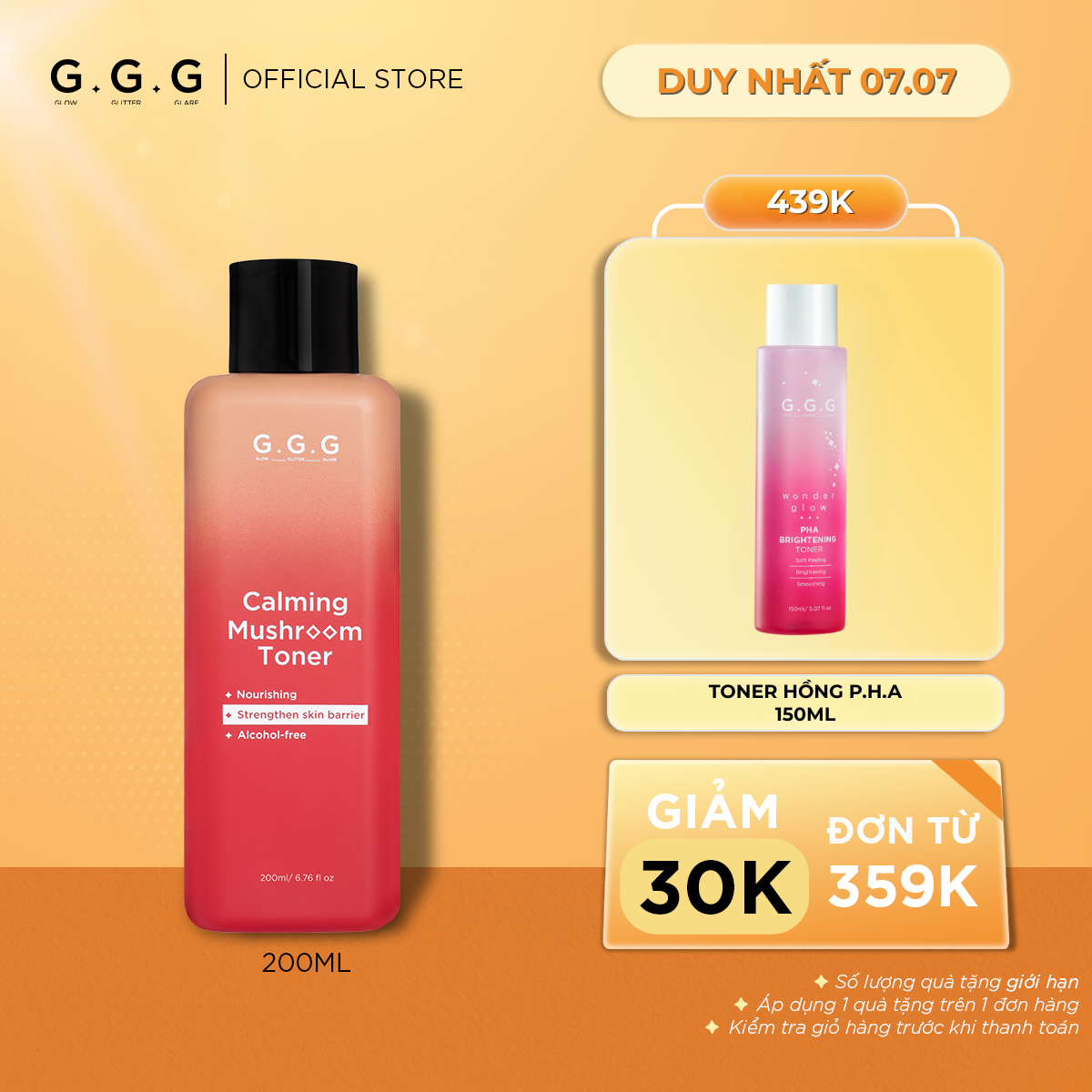 Toner Nấm Không Cồn Hỗ Trợ Cấp ẩm Dịu Da Tức Thì - G.G.G Calming Mushroom Toner 200ml