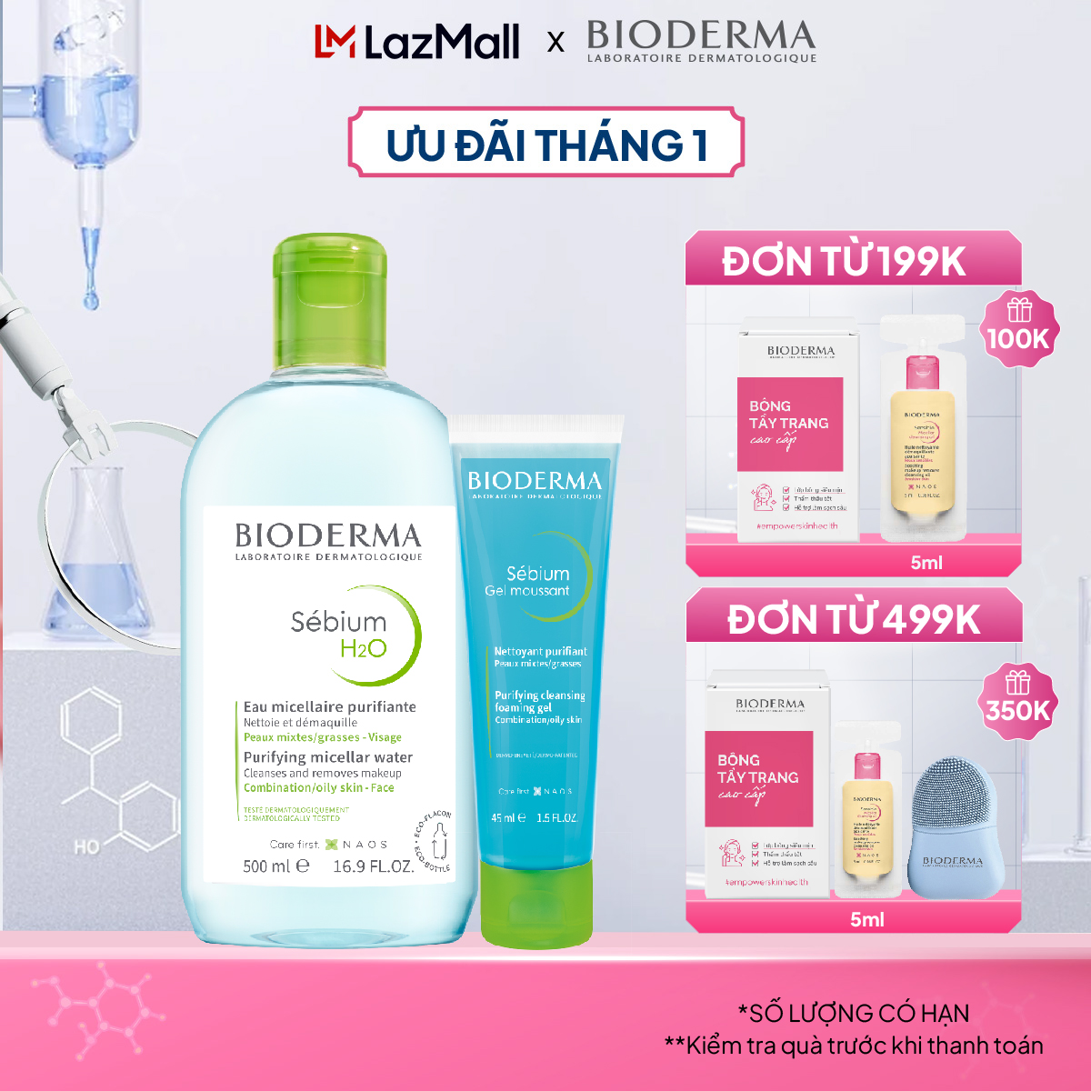 Bộ nước tẩy trang và làm sạch micellar cho da dầu mụn Bioderma Sebium H2O 500ml và gel rửa mặt tạo b