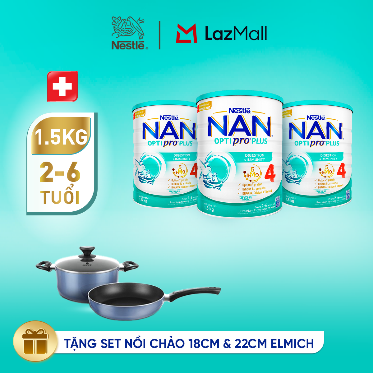 [Tặng Set Nồi Chảo Elmich] Bộ 3 lon Sữa Bột Nestlé NAN OPTIPRO PLUS 4 1500g Cho Bé 2 - 6 Tuổi: Công Thức Độc Quyền Nhập Khẩu Từ Thụy Sỹ Chứa Phức Hợp 5-HMO