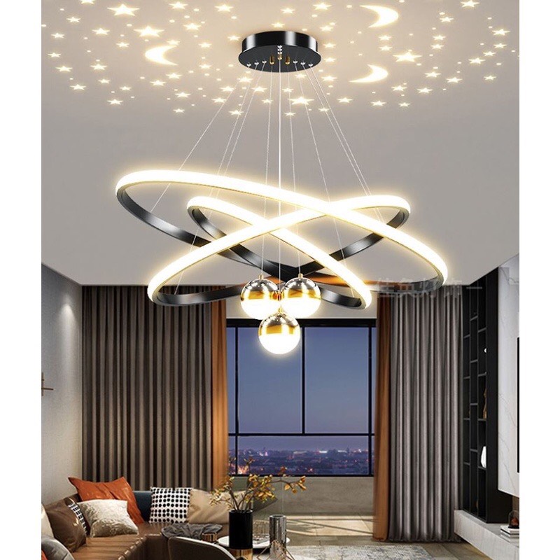 Đèn thả 3 vòng meca Led trang trí nội thất phòng ănphòng khách bếp ánh sáng đổi 3 màu có phản chiếu ánh sao