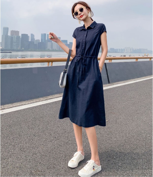 Đầm suông linen tay hết rút eo trẻ trung chất vải linen mềm mát thời trang phong cách Nhật Bản