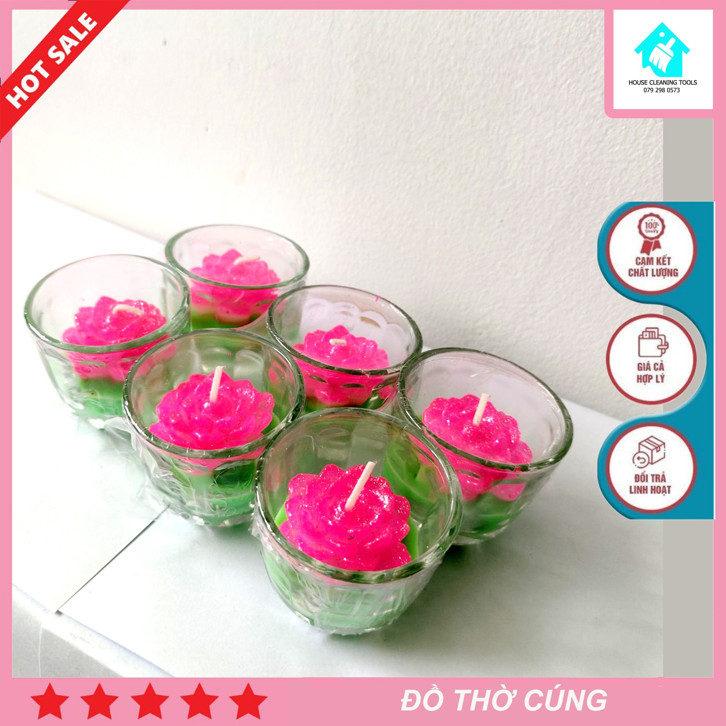 [Hộp 12 Ly] Đèn Cầy Ly Hình Hoa Sen Size 5cm Cúng Phật Nguyên Liệu Tự Nhiên Không Khói Không Mùi Cháy Lâu