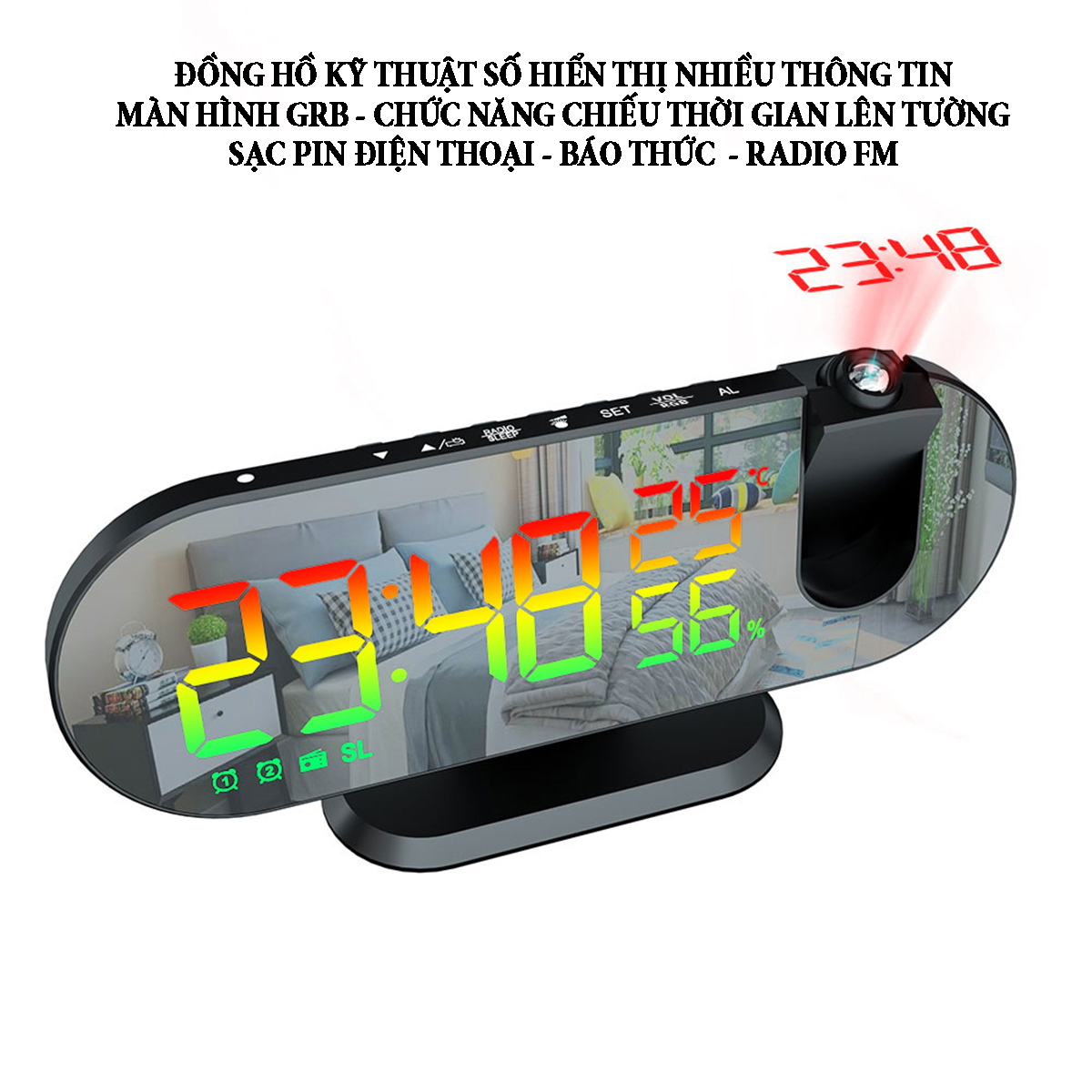 Đồng hồ kỹ thuật số hiển thị nhiều thông tin với màn hình led GRB chức năng chiếu thời gian lên tường hỗ trợ sạc pin điện thoại radio FM báo thức