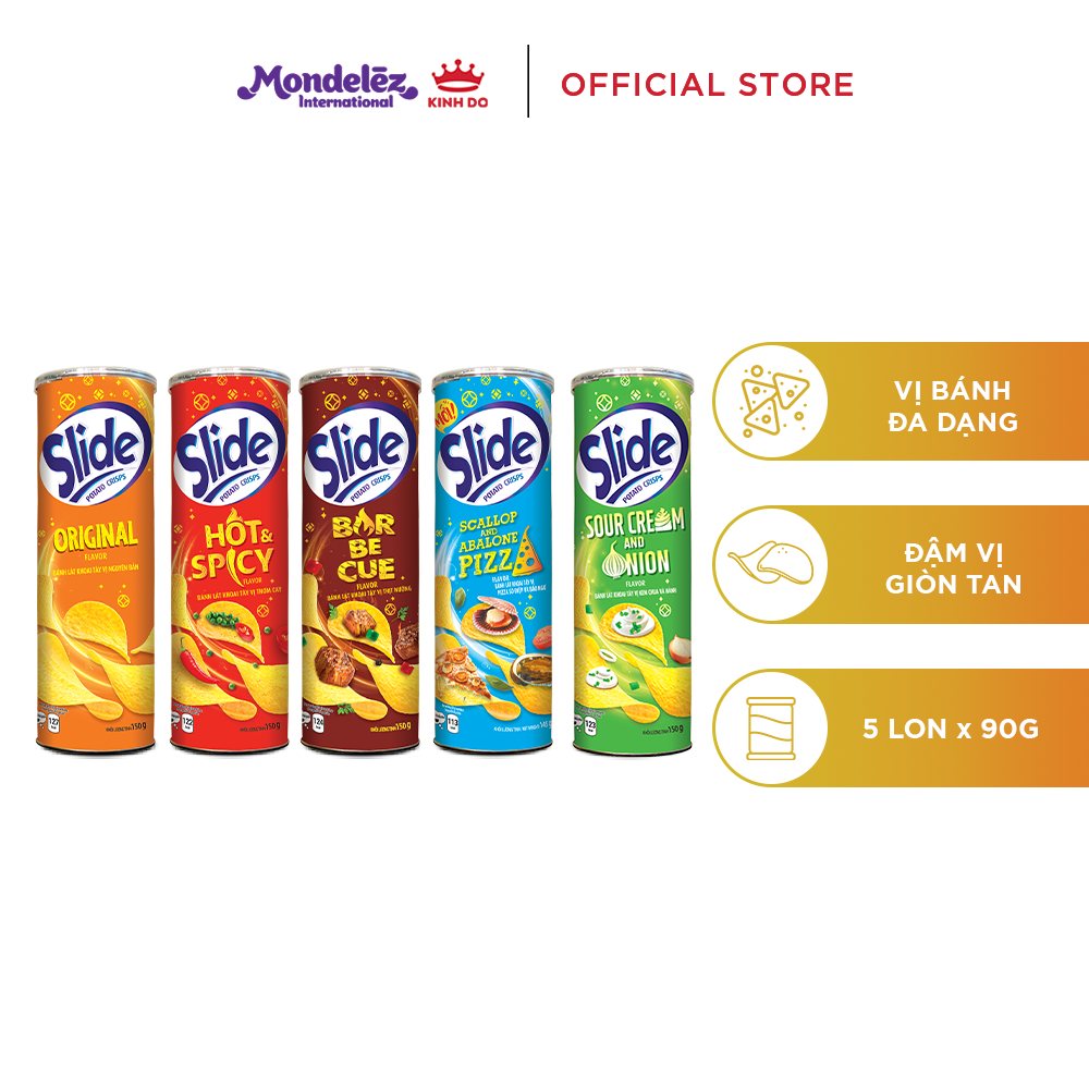 Bánh Lát Snack Khoai Tây Slide Vị Ngẫu Nhiên (Tự Nhiên Thịt Nướng Phô Mai Kem Chua & Hành Thơm Cay) 