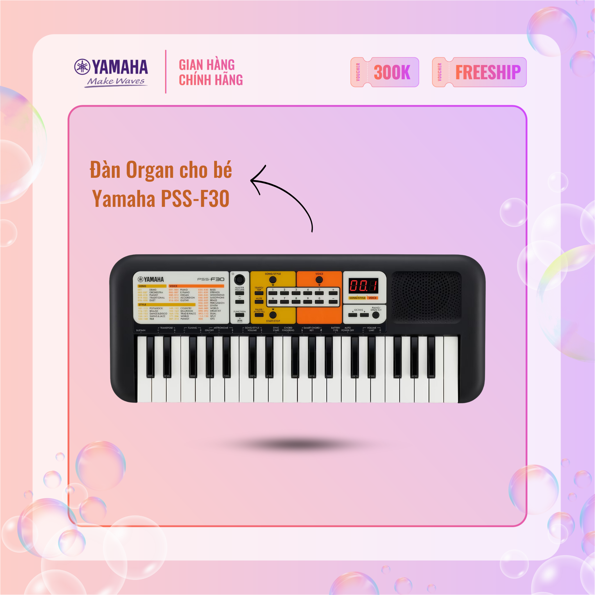 Đàn Organ điện tử (Keyboard) YAMAHA cho bé PSS-F30 với hơn 100 tiếng nhạc và nhạc đệm phù hợp cho trẻ em trên 6 tuổi - Bảo hành chính hãng 12 tháng