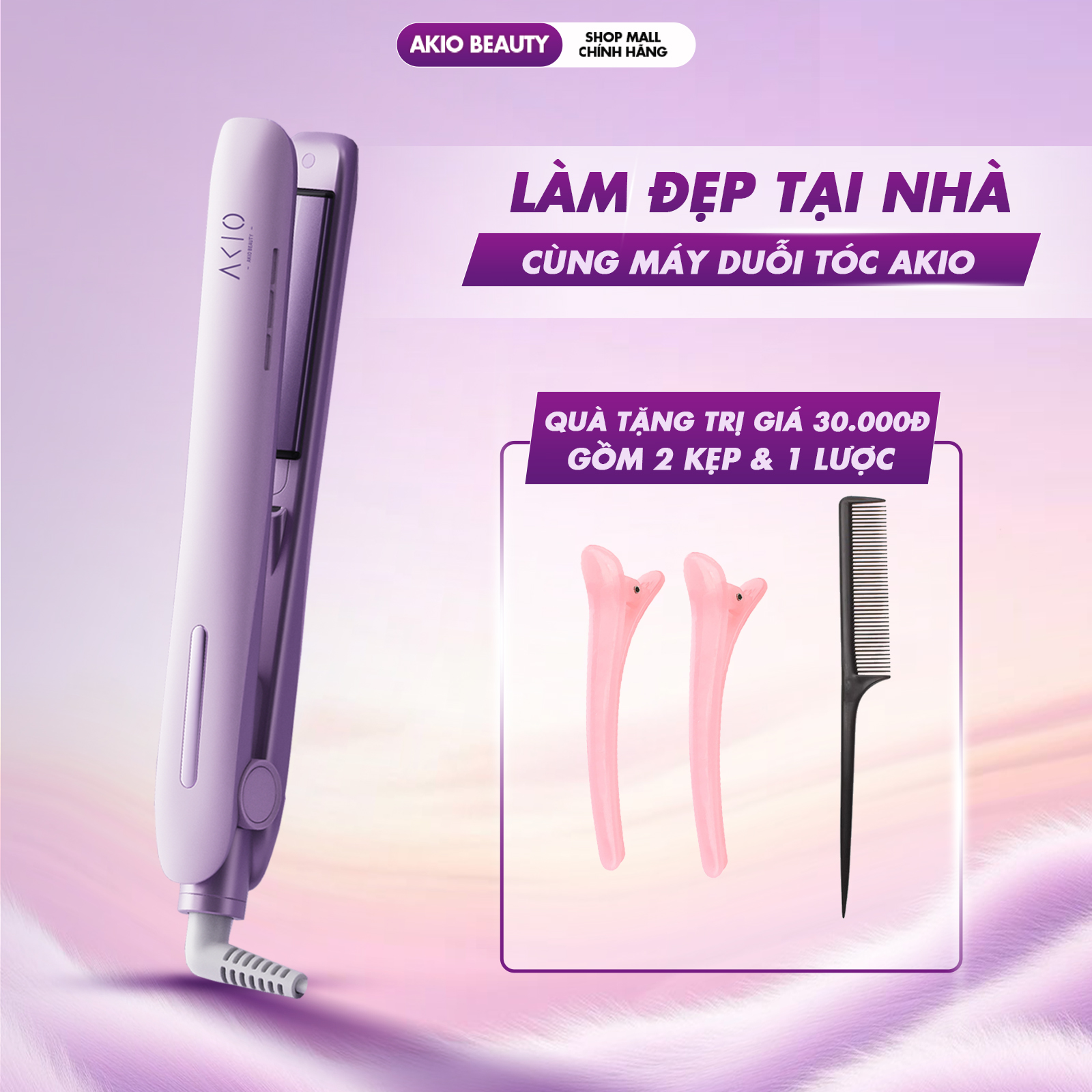 Máy duỗi tóc ép thẳng AKIO BEAUTY tạo kiểu thẳng xoăn có ion âm đèn hồng ngoại bảo vệ tóc tối đa