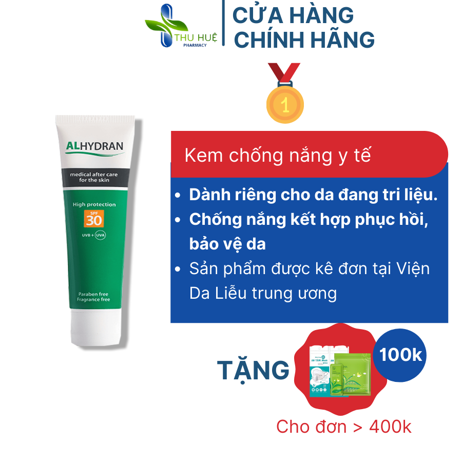 Kem Chống Nắng Y Tế ALHYDRAN SPF 30 (59ml) [CHÍNH HÃNG HÀ LAN] Thành Phần Thiên Nhiên An Toàn Cho Da Không Gây Bóng Nhờn Bết Dính