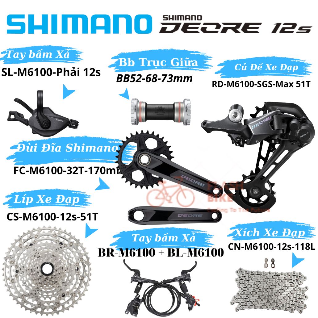 SHIMANO DEORE M6100 Groupset Mtb 1x12 Tốc Độ Đùi Đĩa 32T 170mm Líp 10-51T Củ Đề Phanh Dầu M6100 M612