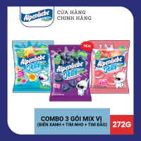 Kẹo dẻo có nhân Alpenliebe Biển Xanh Long Lanh (hương trái cây hỗn hợp) Ong Óng Ánh (hương trái cây kết hợp mật ong) và kẹo dẻo 2 lớp Tim Đào Ngọt Ngào (hương Đào)