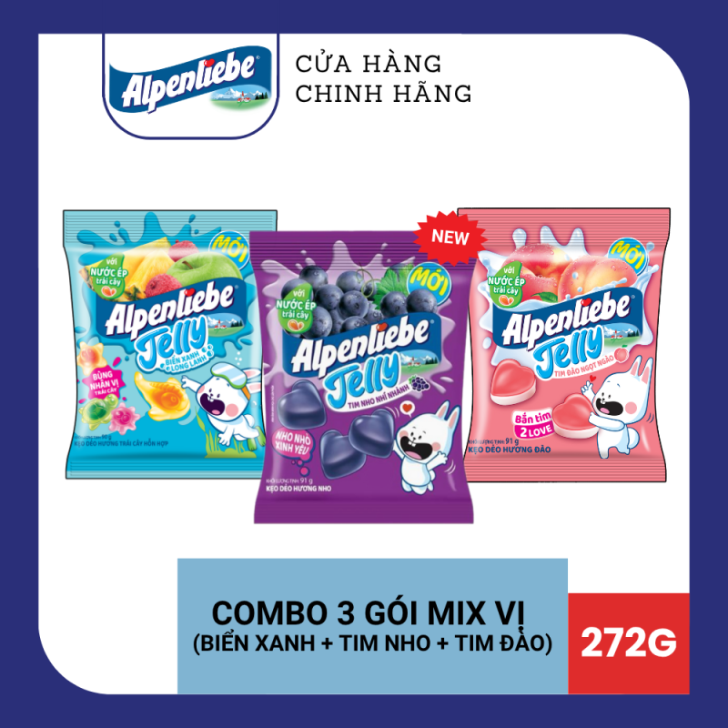 Kẹo dẻo có nhân Alpenliebe Biển Xanh Long Lanh (hương trái cây hỗn hợp) Ong Óng Ánh (hương trái cây kết hợp mật ong) và kẹo dẻo 2 lớp Tim Đào Ngọt Ngào (hương Đào)