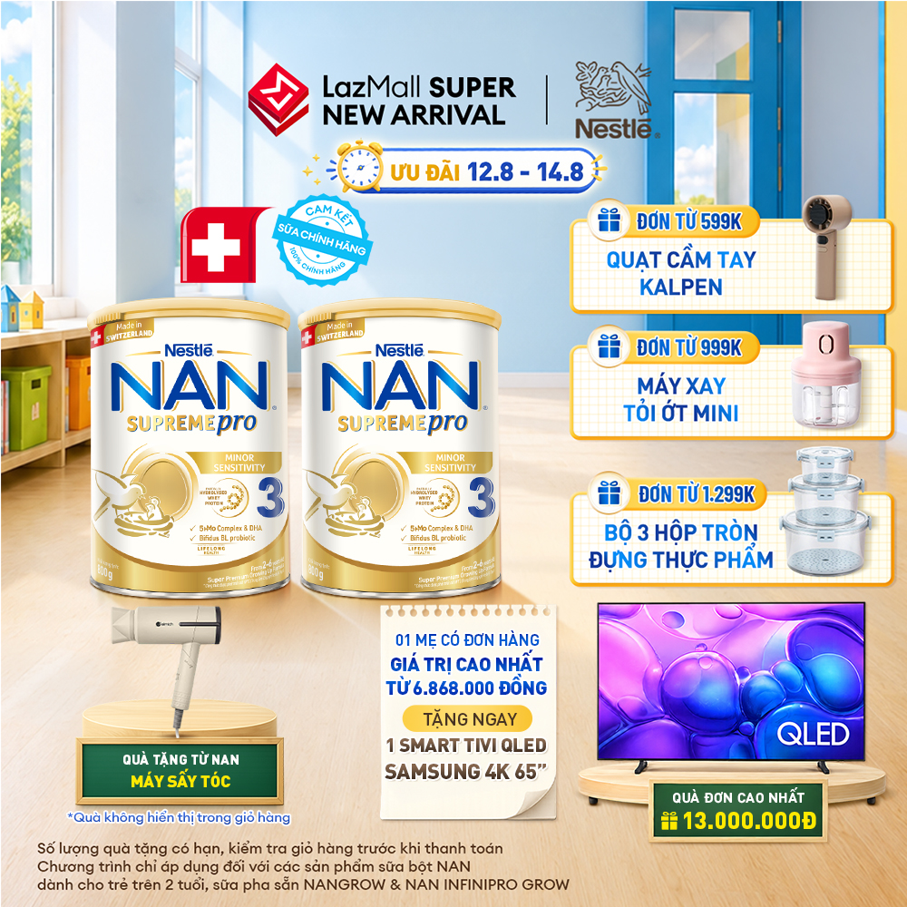 [CHỈ 12-14.08 QT ĐƠN 599K/999K/1299K] [Tặng máy sấy tóc] Combo 2 lon Sữa Bột Nestlé NAN SUPREMEPRO 3 800g Nhập Khẩu Đức Cho Bé 2 - 6 Tuổi Chứa Đạm Whey Thủy Phân 1 Phần 5-HMOs & Lợi khuẩn BIFIDUS BL