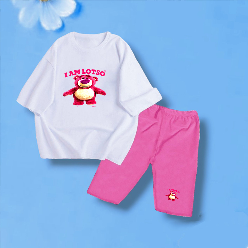 Đồ bộ bé gái BƠ KIDS  set áo cotton dáng thụng hình gấu dâu in nhiệt kèm quần legging đùi chất thun cotton cho bé 18-45kg