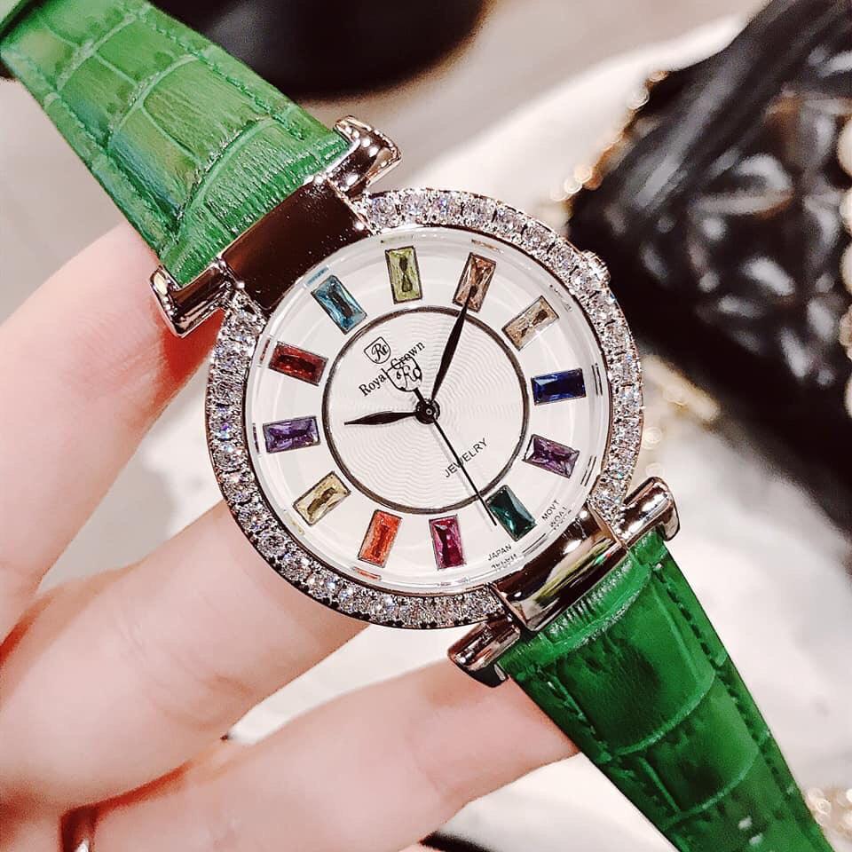 Đồng hồ nữ RoyaI Crown mặt đính đá 7 màu- vỏ Trắng (Silver) dây da màu Xanh size 36 mm-RC07014