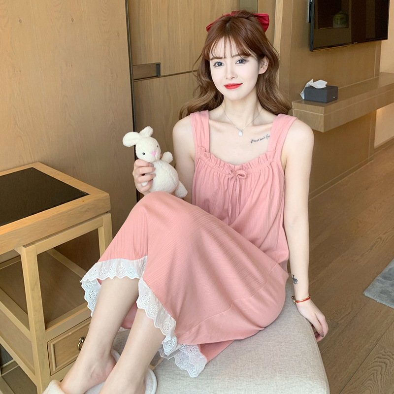 Váy ngủ hai dây đầm ngủ mặc nhà dễ thương chất thun cotton mềm mát phong cách hàn quốc