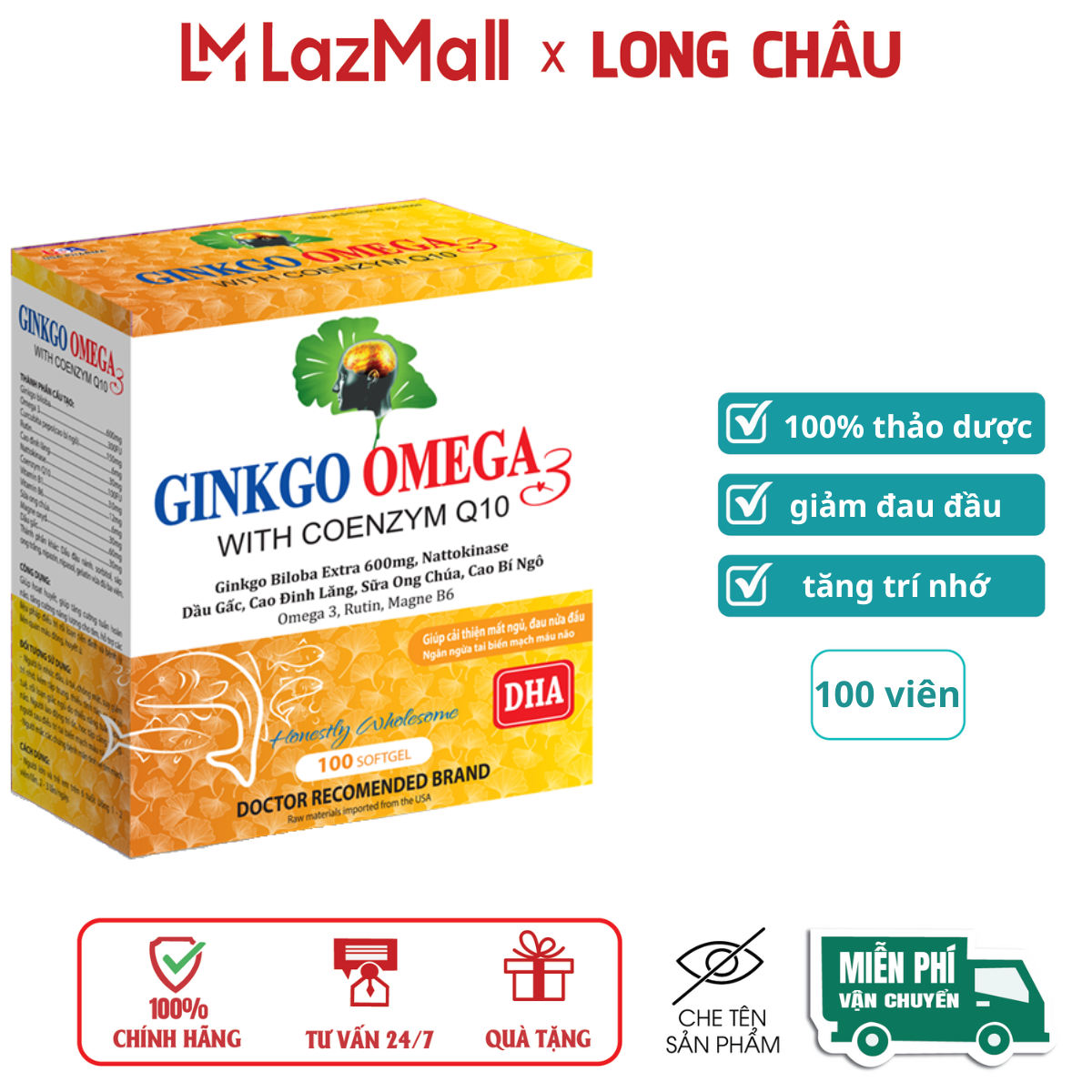 Bổ não Ginko omega 3 with coenzym giúp giảm đau dầu hoa mắt chóng mặt tăng trí nhớ – Hộp 100 viên