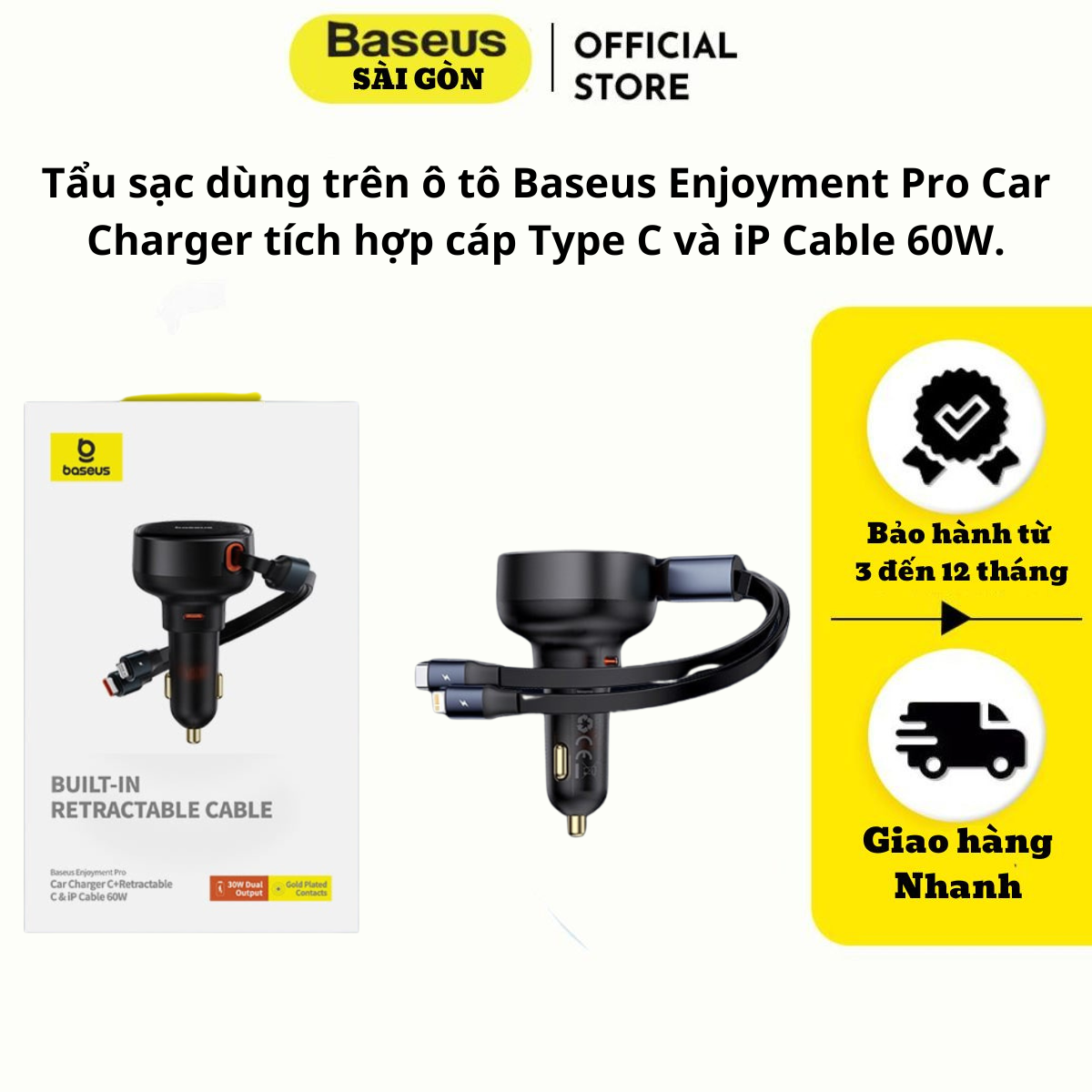 Tẩu sạc dùng trên ô tô tích hợp cáp Type C và iP Cable 60W Baseus Enjoyment Pro Car Charger