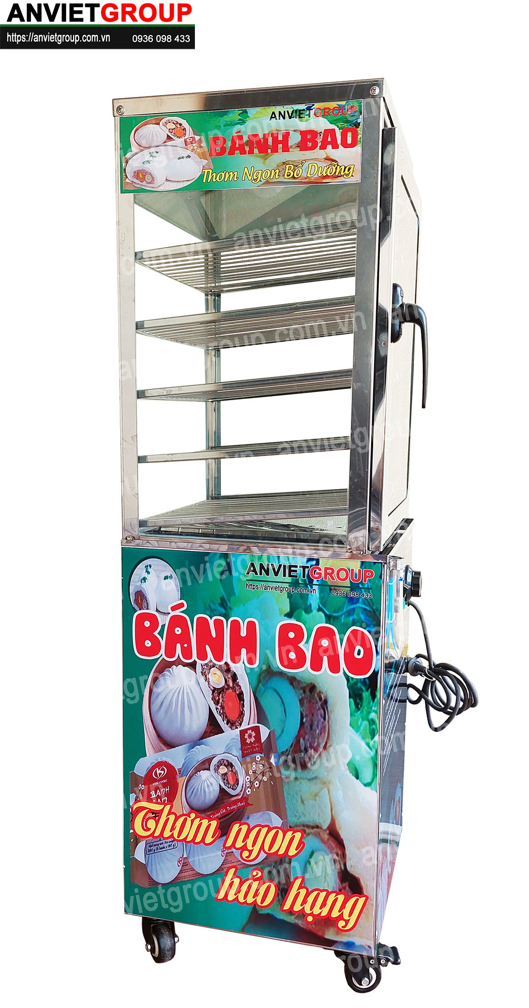 Tủ máy hấp nóng trưng bày bánh bao 4 5 tầng khay mini có bánh xe BB4C120 An Việt