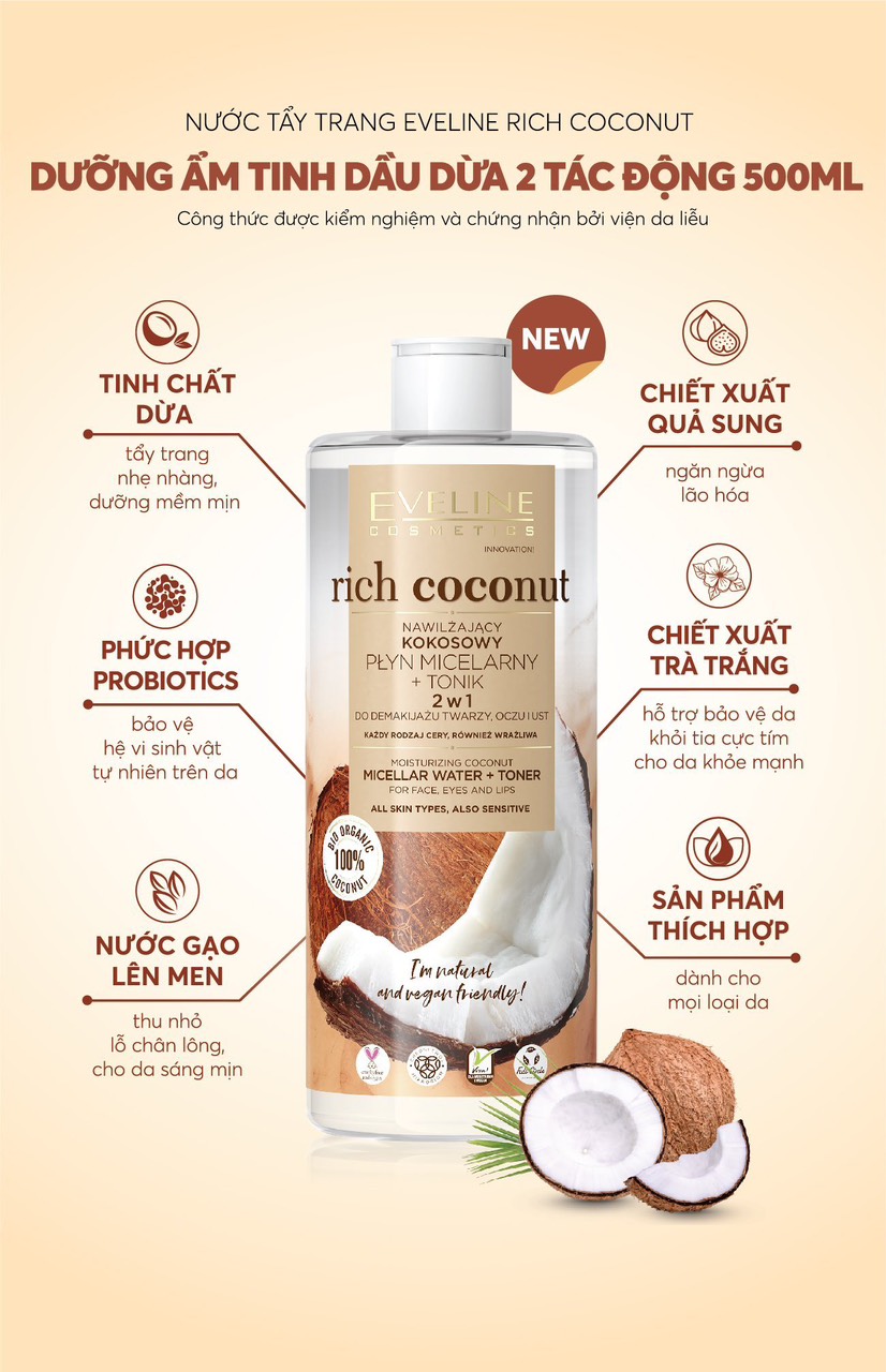 [TẶNG CHAI 100ML] Nước tẩy trang Ba Lan Eveline Rich Coconut dưỡng ẩm tinh dầu dừa 2 tác động 500ML