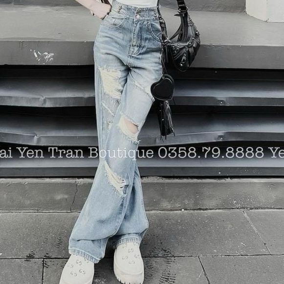 Quần beggy nữ màu xanh kiểu rách ôm eo Chất vải denim ống rộng- Quần jean beggy Nữ Dáng Ôm siêu tôn 