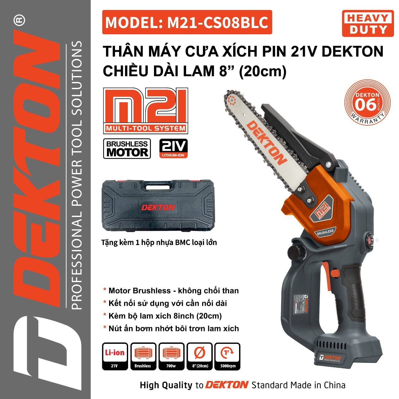 Máy Cưa Xích Dùng Pin 21V DEKTON M21-CS08BLC / Motor Brushless / Lam Xích 8Inch / Có Bơm Nhớt / Chân