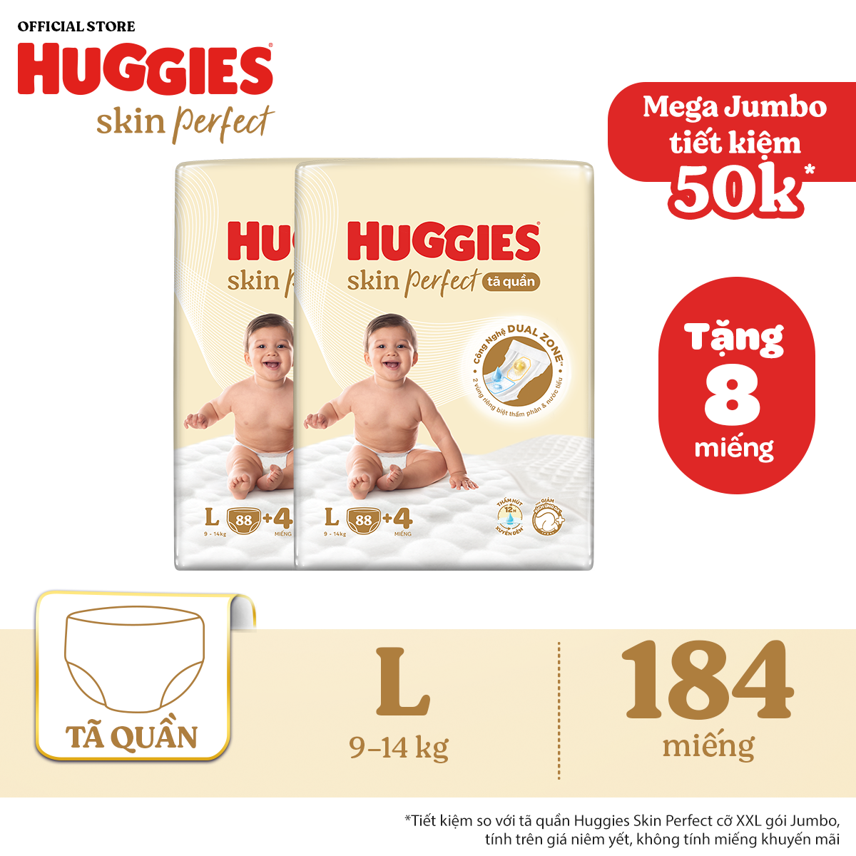[QUÀ TẶNG ĐH 699K] Combo 2 Tã quần Huggies Skin Perfect L size Mega Jumbo 88 miếng