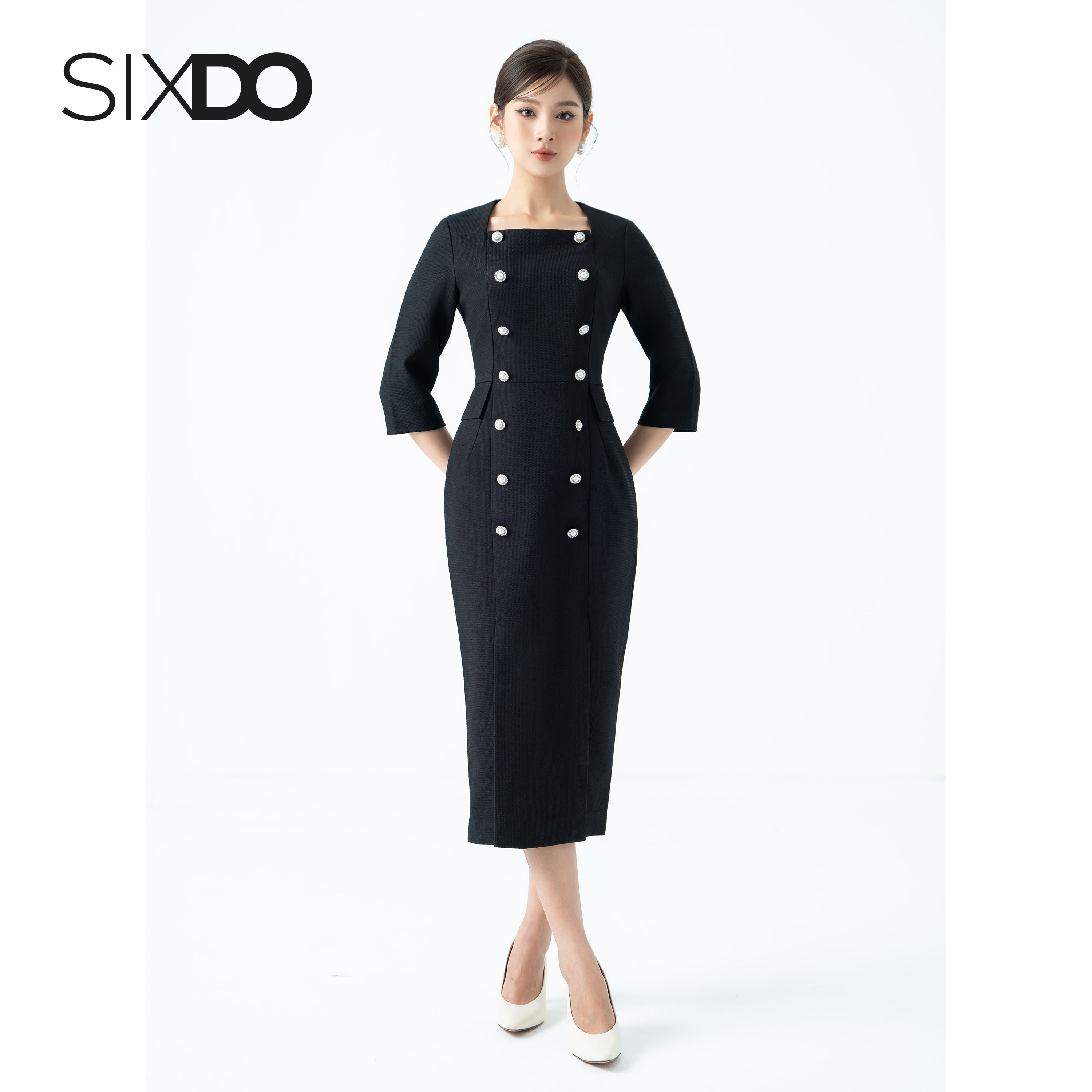 Đầm cổ vuông tay lửng thời trang SIXDO (Square Neck Midi Raw Dress)