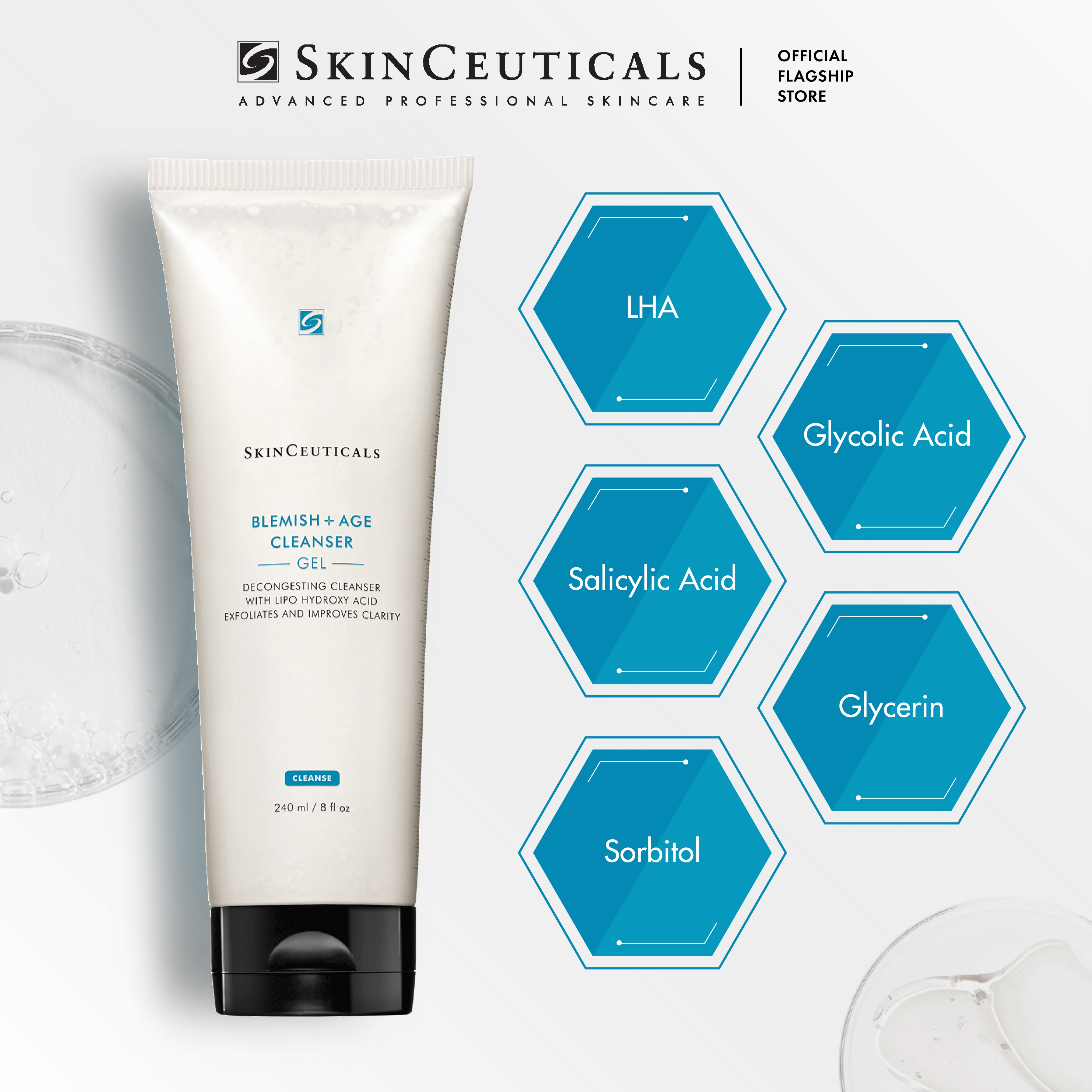 Sữa rửa mặt dạng gel chuyên biệt Skinceuticals Blemish + Age Cleanser Gel giúp giảm mụn làm sạch tế bào da chết và hông thoáng lỗ chân lông 240ml