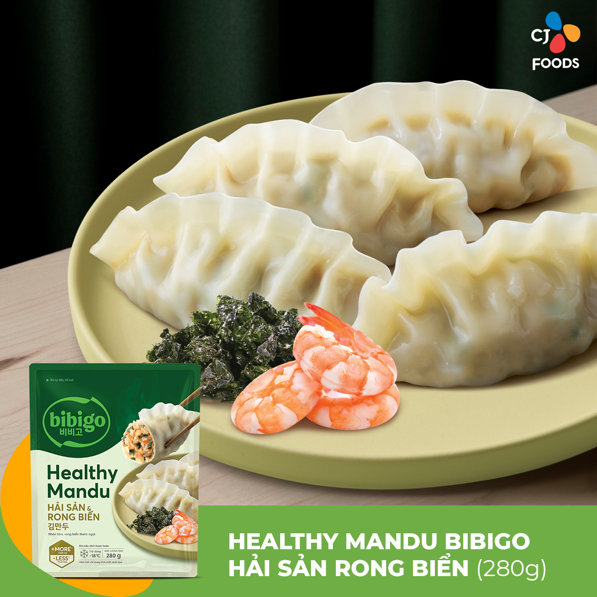 Bánh xếp Healthy Mandu Bibigo Gói 300g (Nấm [chay]/Tôm/Gà và Rau Củ/Hải Sản & Rong Biển)