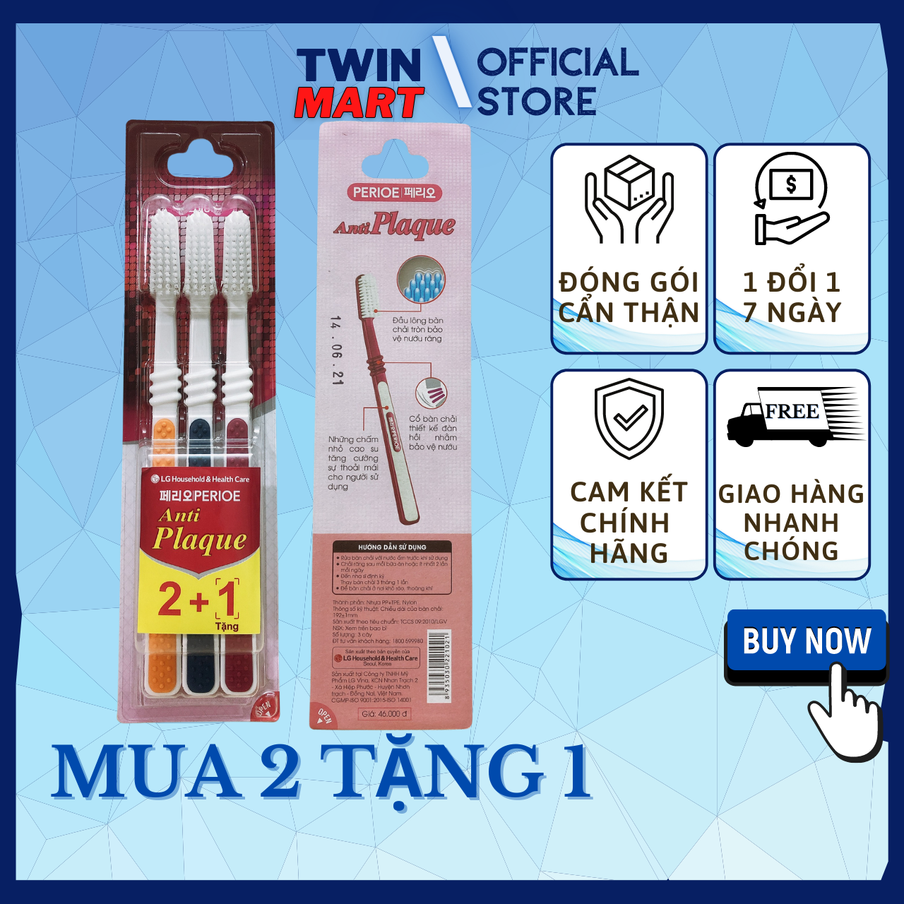 [SALE MUA 2 TẶNG 1] Set 3 cây Bàn chải đánh răng Perioe Anti Plaque Medium 2+1 – đầu lông bàn chải tròn bảo vệ nướu răng cổ bàn chải thiết kế đàn hồi